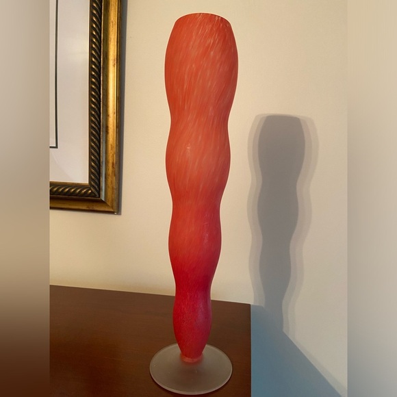 CARLO MORETTI Orange Red Tall 15” Thin Art GLASS Satin “SATINATO” VASE Murano - Picture 1 of 8